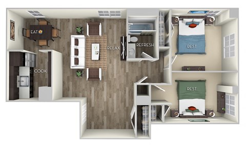 Floor plan for 2 beds, 1 bath, 673 sqft